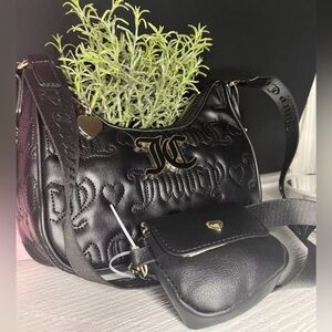 Juicy Couture League Embossed Hobo Crossbody Bag Black w Pouch & Charm NWT